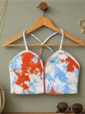 Zara Tie-Dye Ribbed Crop Top with Strappy Back | Blue & Orange | Size M